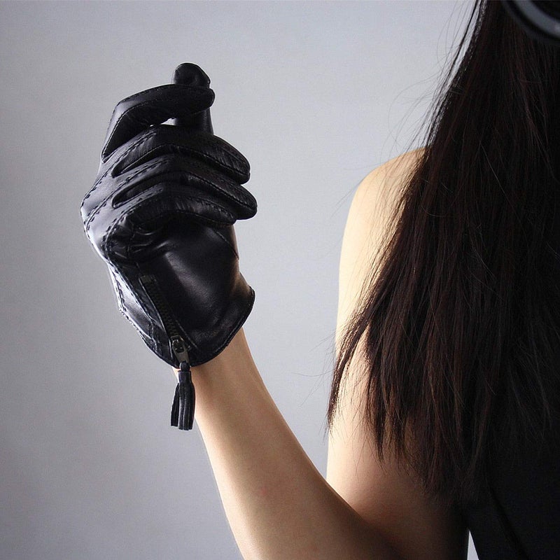 DooWay Short Black Touchscreen Real Leather Gloves, Imported Goatskin Leather Tassel Zipper Unique Pop Finger Gloves, size S - Image 4